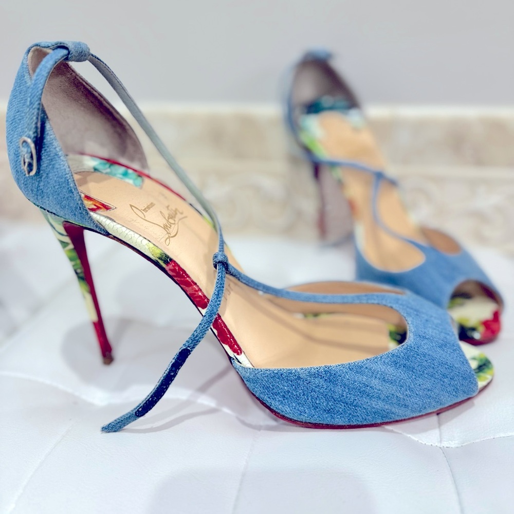 Christian Louboutin Floral Peep Toe Heels with Denim Detailing